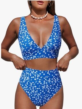 NWT Blue Floral High-Waist V-Neck Women's Bikini